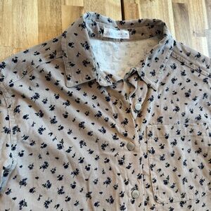 Zara Kids Tan Corduroy Floral Button Down Shirt Navy Blue Flowers Size 13-14 164